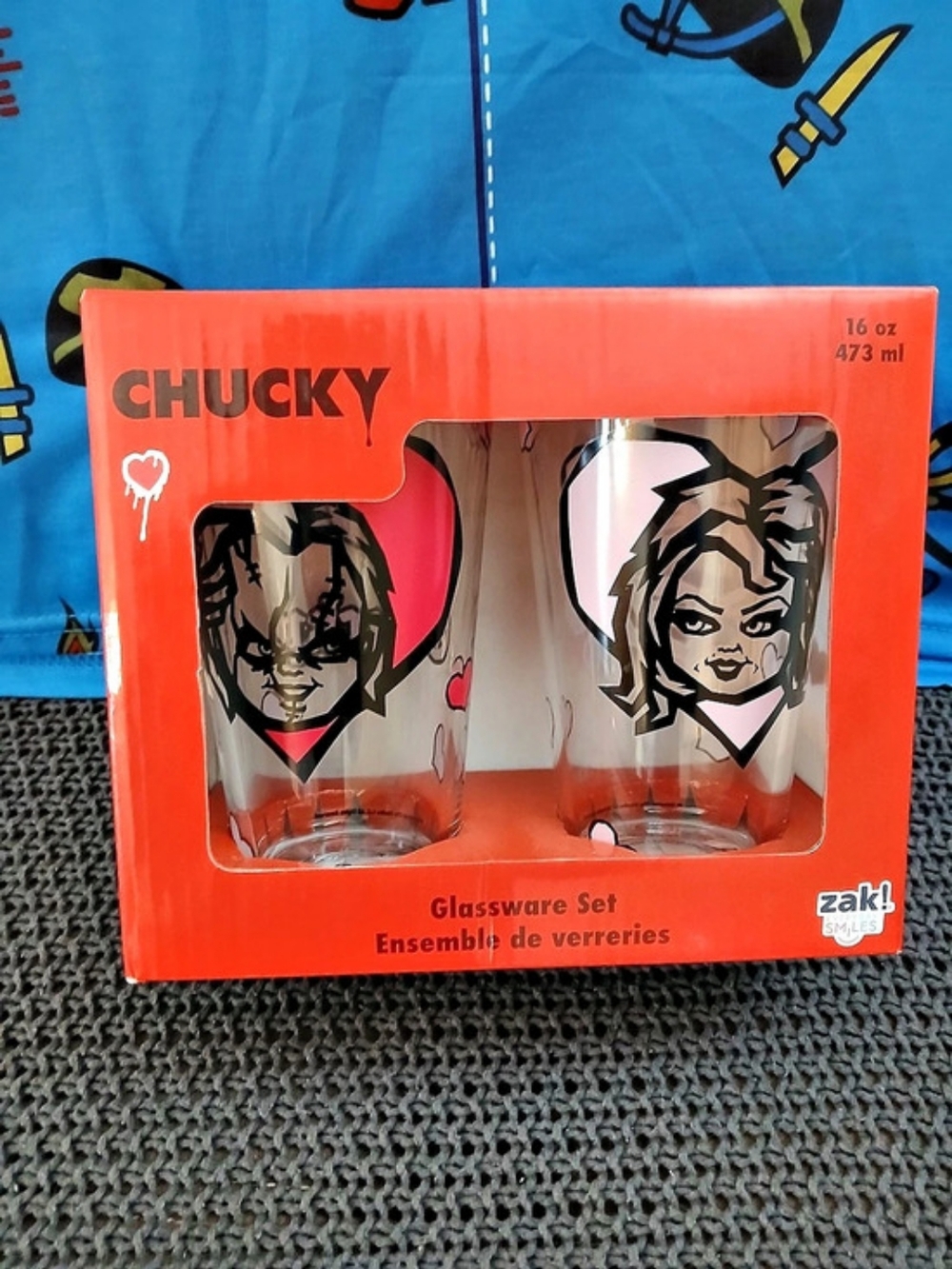 New In Box Zak Designs Chucky & Tiffany Glassware Set Red